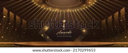 Golden Stage Spotlights Royal Awards Graphics Background. Lights Elegant Shine Modern Template. Space Falling Star Particles Corporate Template. Classy speedy lines Abstract trophy Certificate Banner. Royalty-Free Stock Photo #2170299653