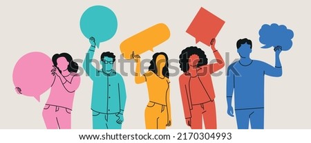 Group of diverse people standing and holding blank empty Banners or Placards. Vector illustration. Royalty-Free Stock Photo #2170304993