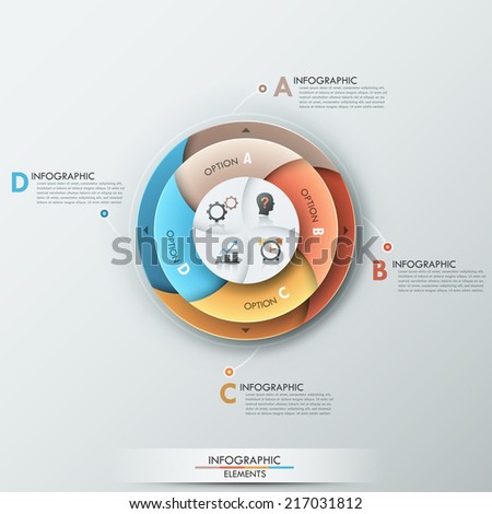 Modern infographics options banner with 4-part pie chart and icons. Vector. Can be used for web design and  workflow layout