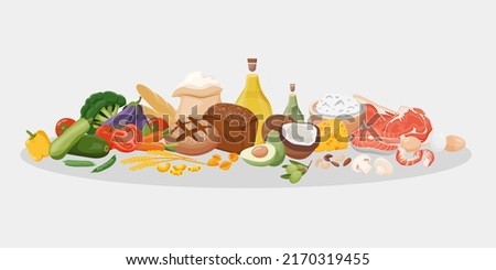Set of healthy macronutrients. Fiber, proteins, fats and carbs presented by food products. Vector illustration of nutrition categories. Balanced nutrition. Healthy food Royalty-Free Stock Photo #2170319455