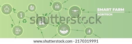 smart farm or agritech vector illustration. Banner with connected icons related to smart agriculture technology, digital iot farming methods and farm automation.  Royalty-Free Stock Photo #2170319991