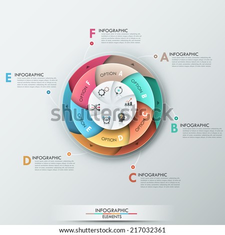 Modern infographics options banner with 6-part pie chart and icons. Vector. Can be used for web design and  workflow layout