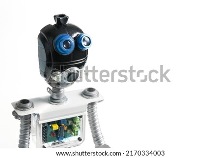 Close-up of DIY robot and microcontrollers board in robotics laboratory school. Royalty-Free Stock Photo #2170334003