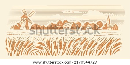 Wheat Organic Farming landscape vector. Farm and Fields with Harvest Royalty-Free Stock Photo #2170344729