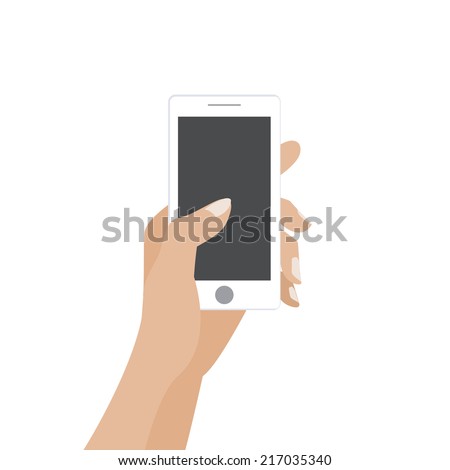Hand touching blank screen of white smartphone. Using mobile smart phone similar to iphon, flat design concept. Eps 10 vector illustration