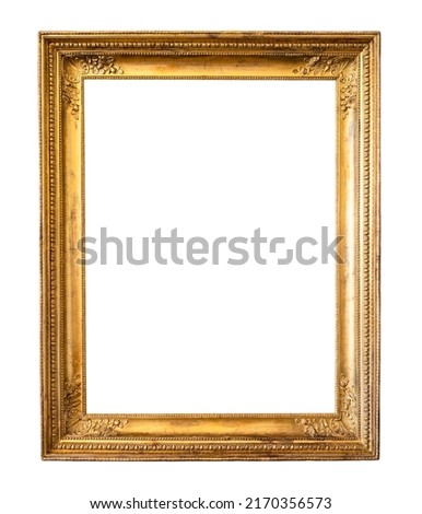 blank vertical ancient golden wide picture frame cutout on white background