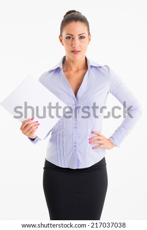 Young business woman showing white card