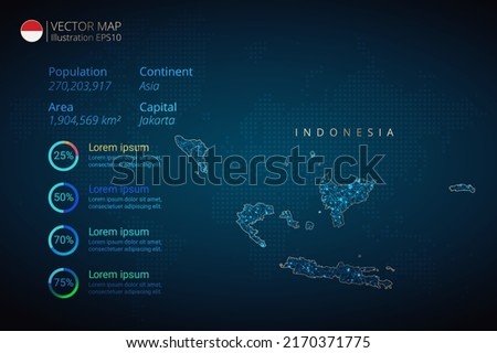 Indonesia map infographics vector template with abstract geometric mesh polygonal light concept on blue background. Template for diagram, graph, presentation and chart.