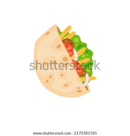 Kebab in pit. Mediterranean Bread with meat and vegetables. Turkish street food. Flat cartoon illustration isolated on white Royalty-Free Stock Photo #2170381585