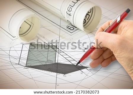 Construction of three-dimensional polygons according to the rules of descriptive geometry. Royalty-Free Stock Photo #2170382073