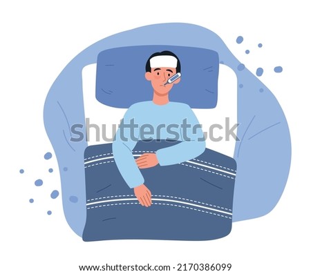 Seasonal allergy or flu concept. Young sick man lies in bed with thermometer in his mouth. Feeling unwell, having cold or high fever. Treatment of illness and rest. Cartoon flat vector illustration Royalty-Free Stock Photo #2170386099