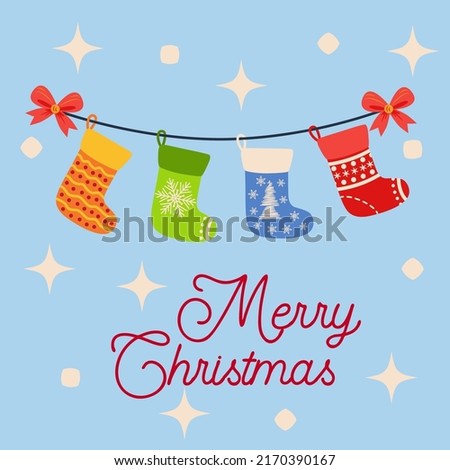 Christmas stockings, greeting card. christmas red color socks. Christmas card