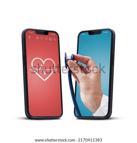 Online doctor checking pulse with a stethoscope, two smartphones facing each other, telemedicine concept Royalty-Free Stock Photo #2170411383