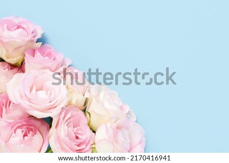 Pink roses on a light blue background. Mother's day, Valentines Day, Birthday celebration concept. Greeting card. Copy space for text, top view