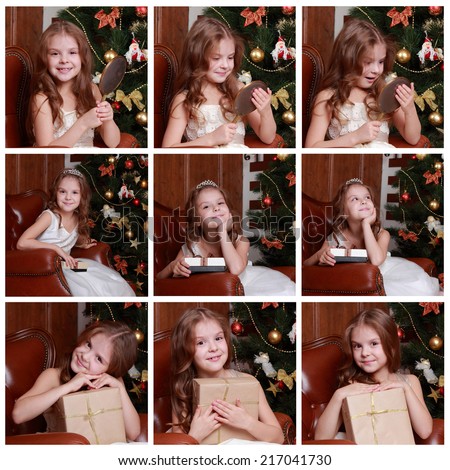 set of images  of Adorable smiley princess wearing white dress and posing on camera with nice gift box over Christmas tree