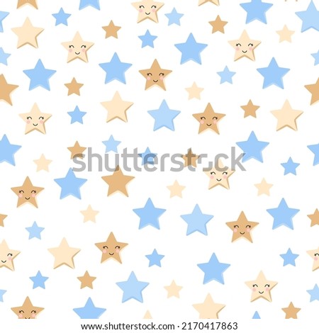 Seamless childish pattern with blue and beige stars.  Baby boy nursery background. Trendy texture for fabric textile wallpaper apparel wrapping in vector.