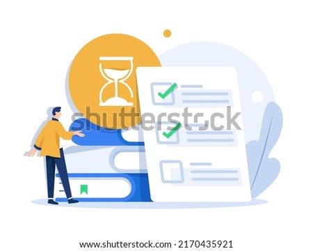 Exam preparation, school test, examination concept, checklist and hourglass, choosing answer, questionnaire form, education Royalty-Free Stock Photo #2170435921