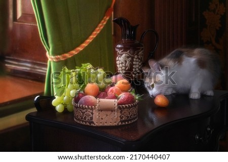 Still life with fruits and curious cat