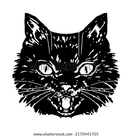 Angry black cat face. Hissing cat halloween vector illustration. Realistic ink sketch of witch familiar animal. Clipart for decor isolated on white.
