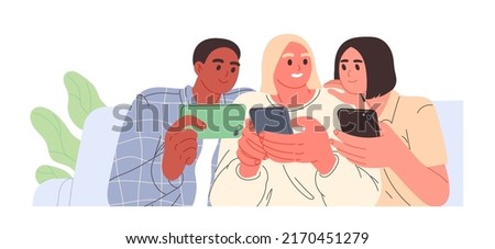 Group of people sitting together with smartphones