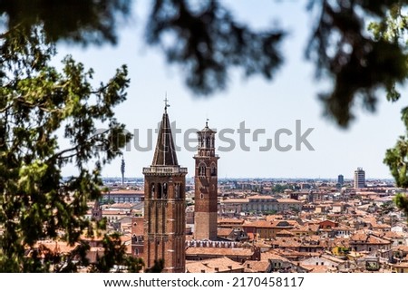 Verona skyline with river Adige, bridges, Santa Anastasia Church and Torre dei Lamberti or Lamberti Tower on summers day, view from Piazzale Castel San Pietro, Italy Royalty-Free Stock Photo #2170458117
