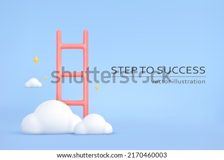 Business success template. 3d render ladder, clouds and stars .Stairway to heaven icon.Ladder career, achievements, growth concept. Vector cartoon illustration. Royalty-Free Stock Photo #2170460003