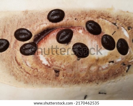 Ice cream. Chocolate chips or coffee beans on vanilla cream milk surface. Stracciatella. Sweet dessert. Organic dairy product. Vegetarian meal. Close-up food photo with tiny details of macro texture. 