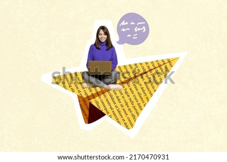 Creative 3d photo artwork graphics collage of funny girl sitting paper page plane typing modern device isolated beige color background Royalty-Free Stock Photo #2170470931