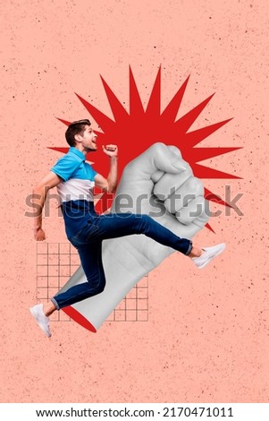 Creative banner of active energy guy run profile side make people fist punch isolated colorful background