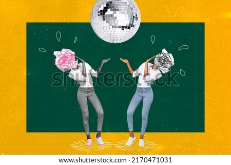 Photo cartoon comics sketch collage of two girls paper balls instead of head dancing school party isolated green yellow color background