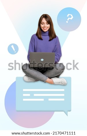 Vertical composite collage image of cheerful person sitting use wireless netbook typing message isolated on creative background