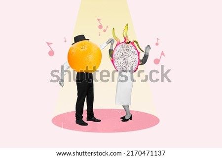 Collage 3d image of pinup pop retro sketch of female male fruits instead of body dancing isolated light pink color background