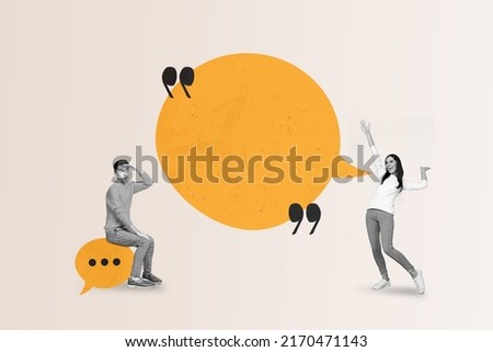 Creative abstract template collage of funny couple white visual effect talking sms empty space isolated beige color background Royalty-Free Stock Photo #2170471143