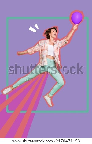Vertical composite collage of overjoyed person jump flight hand hold air balloon isolated on drawing background