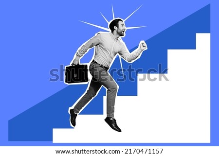 Composite collage picture of excited running person black white colors hold briefcase success growth stairs