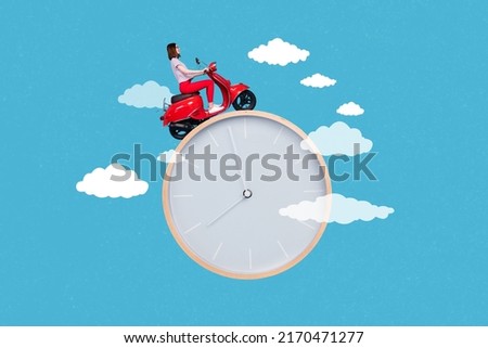 Composite collage portrait of person driving moped huge clock clouds sky isolated on blue color background