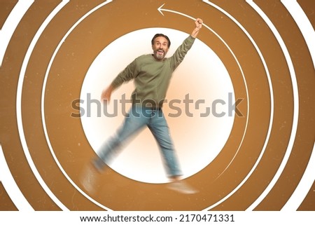 Collage photo of energetic crazy man travel through space and time isolated on blurred swirling line background