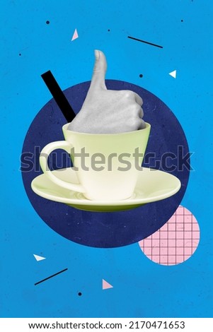 Photo cartoon comics sketch picture of arm palm showing thumb up inside tea cup isolated blue painted background