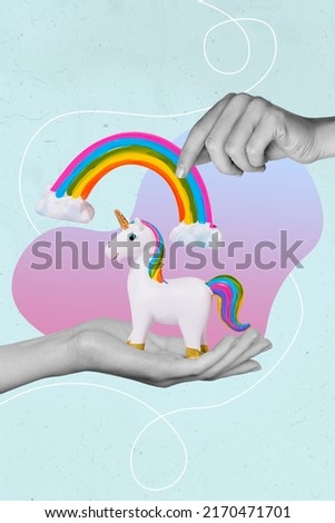 Vertical composite collage image of two huge arms black white gamma hold rainbow unicorn toys isolated on drawing background