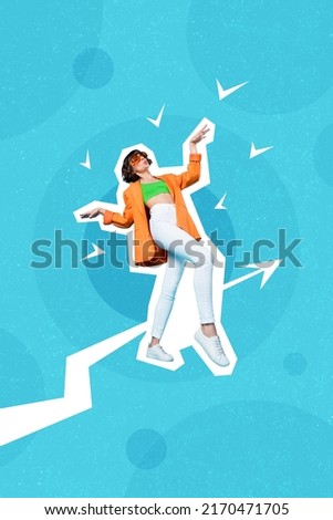 Composite vertical collage picture of positive excited girl enjoy dancing drawing growth arrow isolated on creative blue background