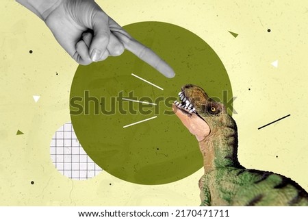 Creative 3d photo artwork graphics painting of arm palm pointing dino toy isolated drawing green background
