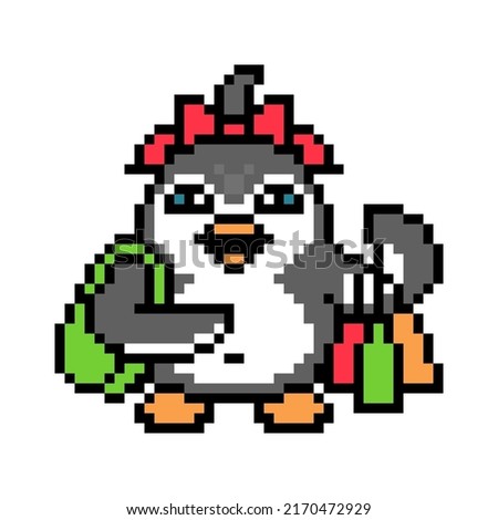 Penguin woman with a purse and many shopping bags, pixel art animal character isolated on white background. Old school retro 80s, 90s 8 bit slot machine, video game graphics. Cartoon customer mascot.