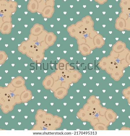 green cute kawaii teddy bears with hert texture background, kids seamless pattern background for boy and girl