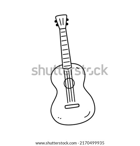 Acoustic classic guitar or ukulele isolated on white background. String musical instrument. Vector hand-drawn illustration in doodle style. Perfect for cards, decorations, logo.