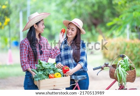 Asian farmers happiness holding fresh organic vegetable in hydroponic smart farm, produce and carry-on head vegetable basket for green harvest agriculture with business, healthy clean food concept.