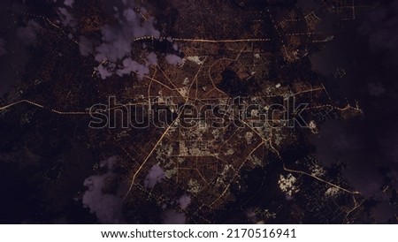 Aerial view above Gurugram city in nighttime nearby New Delhi. Took from 3D Simulation Royalty-Free Stock Photo #2170516941