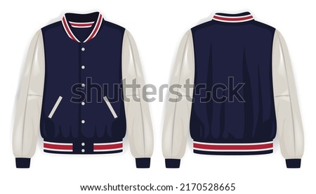 Blue, white, and red varsity jacket front and back view, vector mockup illustration Royalty-Free Stock Photo #2170528665