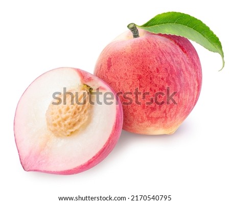 Sweet Pink and yellow Peach fruit with leaf isolated on white background, Fresh Peach on White Background With clipping path. Royalty-Free Stock Photo #2170540795