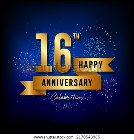 16th anniversary logo with golden ribbon for booklets, leaflets, magazines, brochure posters, banners, web, invitations or greeting cards. Vector illustrations.