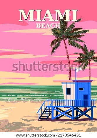 Miami Beach Retro Poster . Lifeguard house on the beach, palm, coast, surf, ocean. Vector illustration vintage Royalty-Free Stock Photo #2170546431